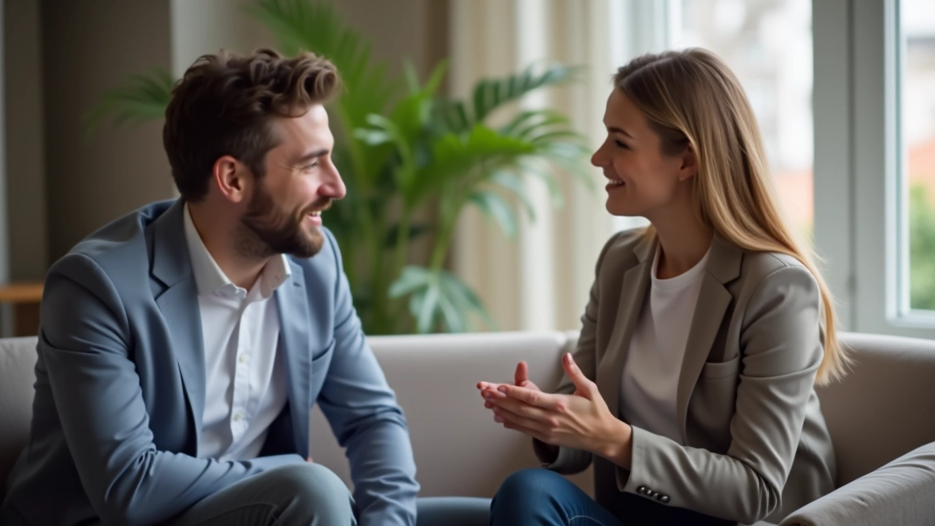 Man en vrouw in gesprek, beiden met open lichaamstaal, respectvolle gezichtsuitdrukking, klaar voor eerlijk gesprek